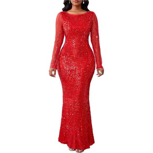 Women's Sequins Round Neck Long Sleeve Maxi Dress Red - Picture 1 of 7